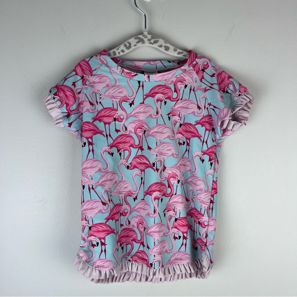 Ruffle Butts Boutique Blue Pink Flamingo Swim Sun Shirt Top Size 5 Beach